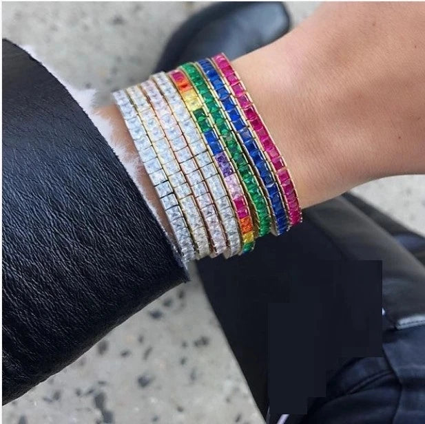 2025 High Quality Crystal Rainbow Geometry Bracelet Bangle For Women Paved Clear AAA Cz Luxury Gold Color Party Jewelry Gift