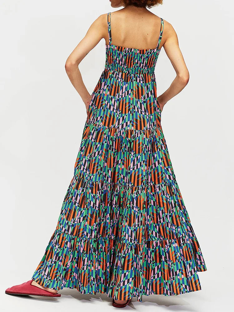 Square Collar Backless Patchwork Maxi Dress, Women Summer Sleeveless Print Party Dress, 2024 Casual Elegant Ladies Dress Vestido