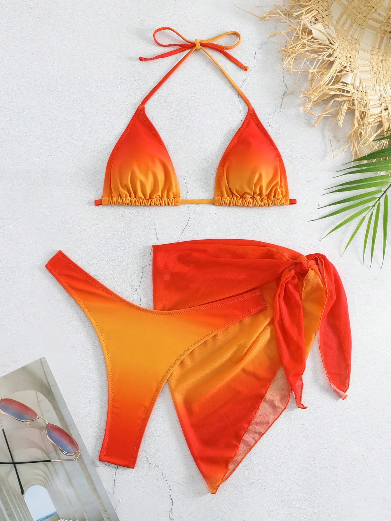 Sexy Brown Gradient Bikini 2024 Swimwear Women Halter Push Up Bra Mesh Skirt 3 Piece Swimsuit Bathing Suit Cover Up Bikinis Sets