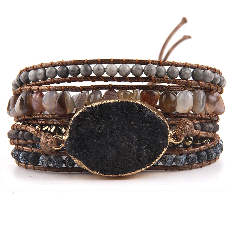 Fashion Bohemian Jewelry Bracelet Mixed Natural Stones Multicolor Big Druzy Charm Handma Wrap Bracelets Gift