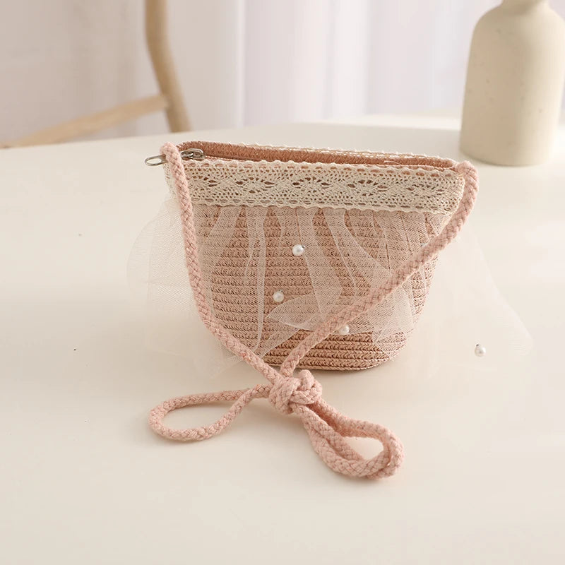 Kids Girls Wide Brim Straw Woven Cap Sun Protection Beach Hat Lace Pearl Summer Floppy Bucket Cap Portable Handbag панама