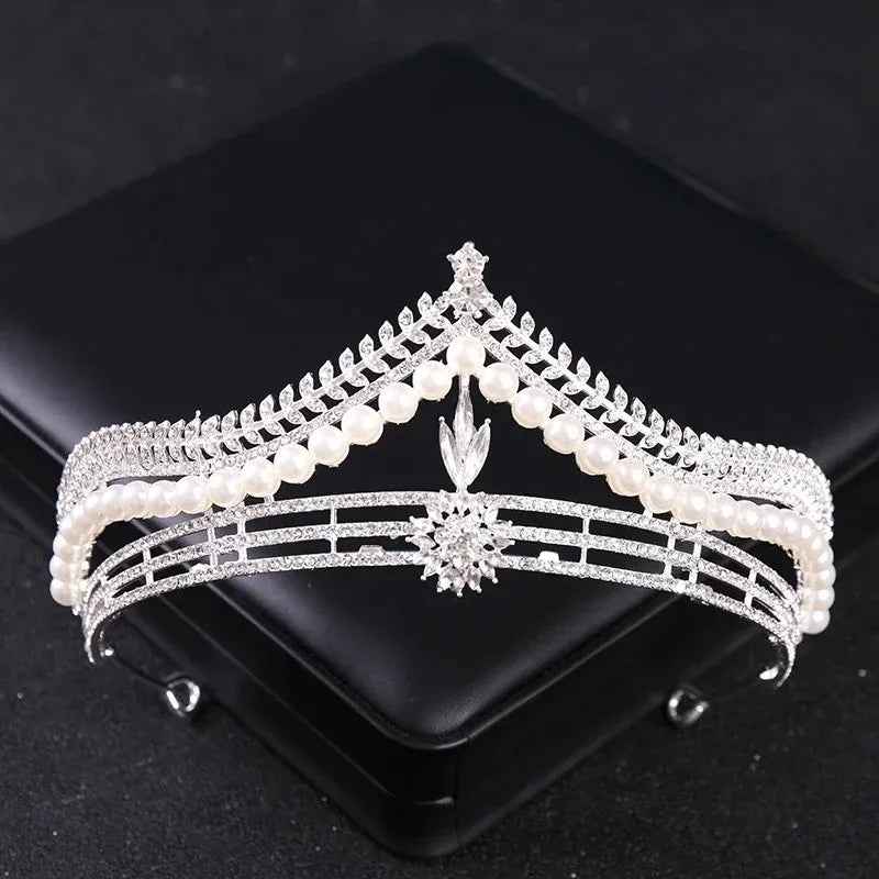 Luxury Silver Color Crystal Pearls Bridal Tiaras Crown Baroque Rhinestone Pageant Diadem Bride Headband Wedding Hair Accessories