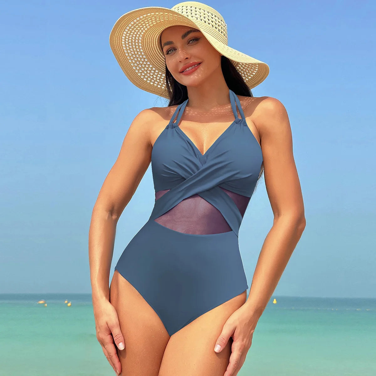 Sexy One Piece Swimsuit Women's Pure Color Mesh Bikini Swimsuit Summer New