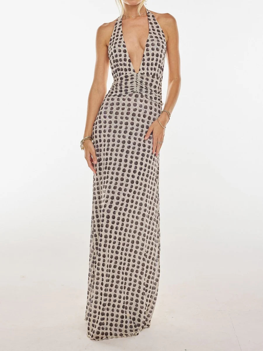 GuliriFei Women Long Dress, Sleeveless Halter Dress Backless Flower/Dots Print Summer Cocktail Dress