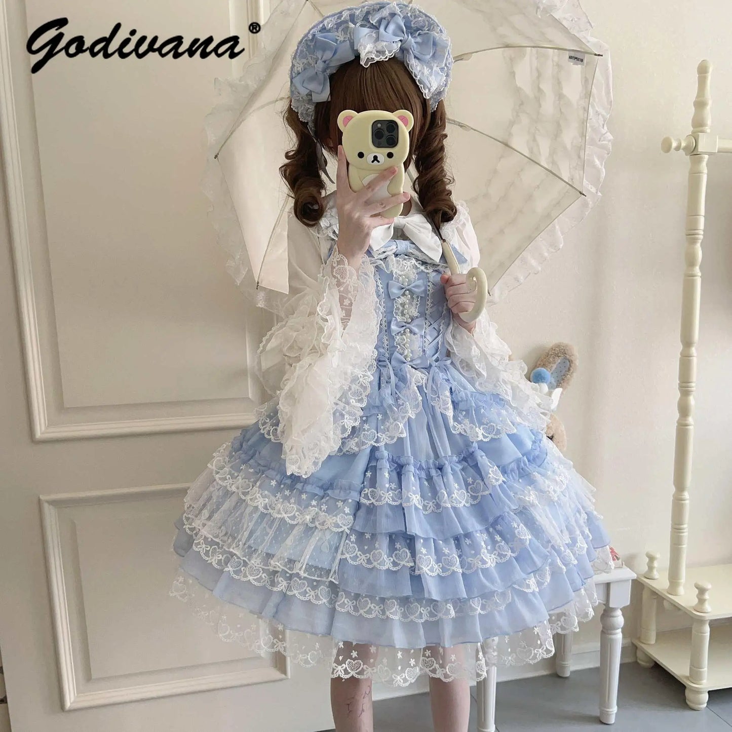 Original Design Lolita Jsk Suspender Dress Sweet Girl Women's Long Sleeve Inner Shirt Cute Princess Sling Cake Dress with Cape