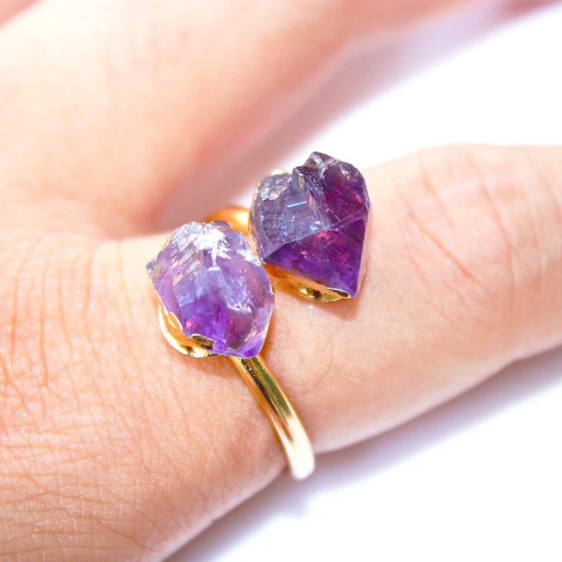 Irregular Amethyst Rough Stone Open Ring Golden Handmade Finger Jewelry Adjustable Size