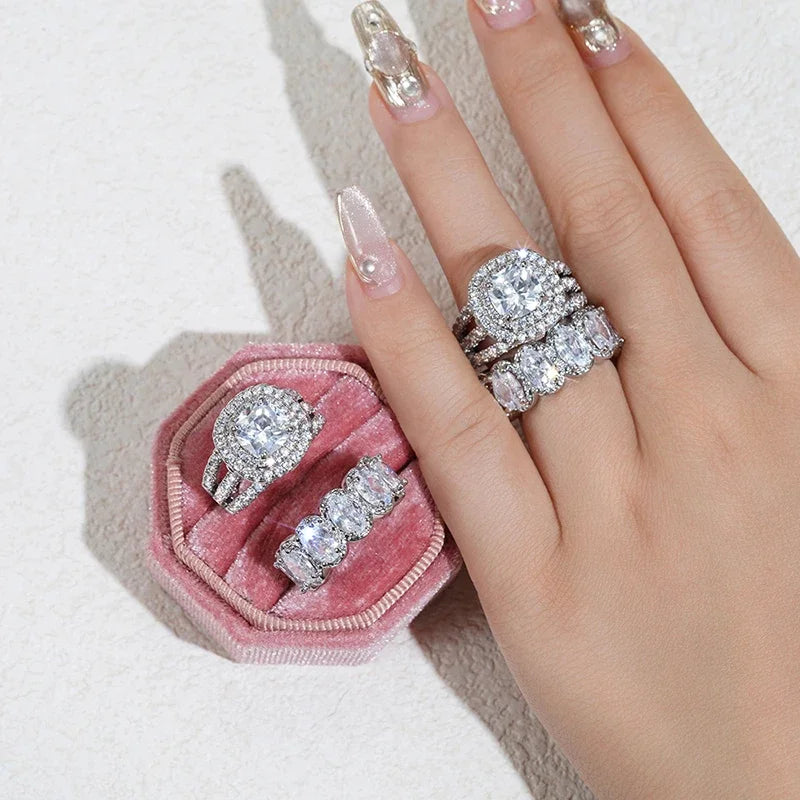 2pcs Luxury Jewelry Trendy Set Rings for Women Dark Blue Pink Cubic Zirconia Rings Gorgeous Wedding Accessories Eternity Jewelry