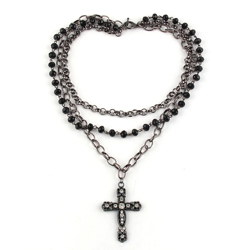 Fashion Bohemian Tribal Jewelry 3 Layer Multiple Black Glass Crystal Rosary Link & Chain Cross Pendant Necklaces