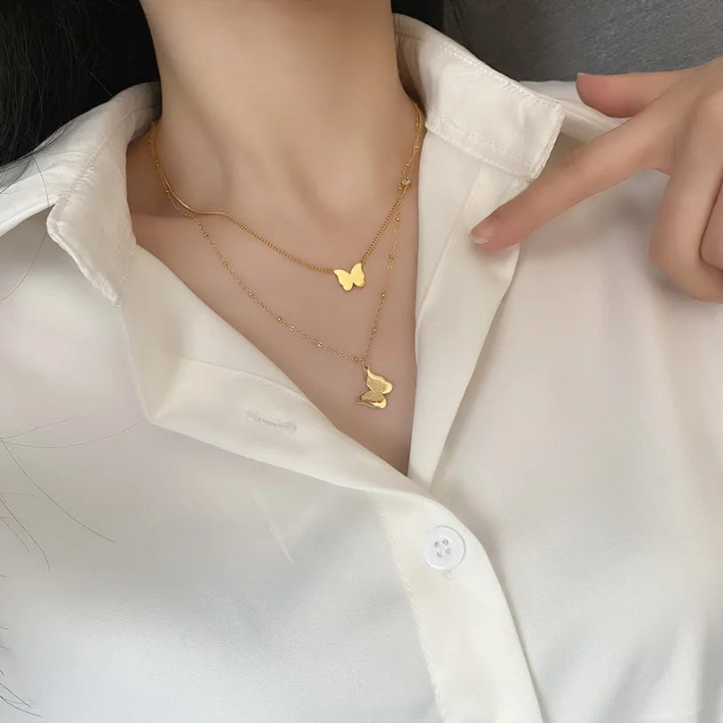 316L Stainless Steel New Fashion Upscale Jewelry 2 Layer Zircon Butterfly Charms Beaded Chain Choker Necklaces Pendant For Women