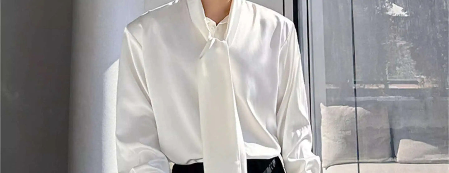 IEFB Korean Fashion Men's Shirt Bow Tie Design Loose Simple Fresh Long Sleeve Casual 2024 Spring Solid Color Male Tops 9C5081