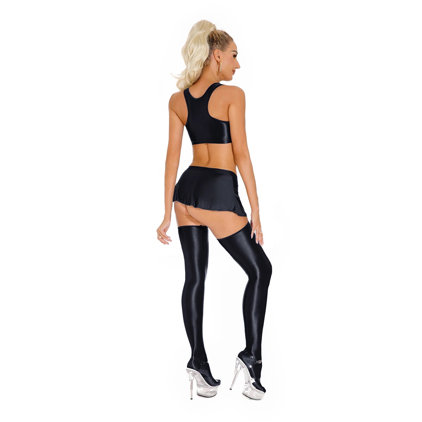 Womens Sexy Glossy Lingerie Set Oil Shiny Nightclub Outfit Crop Tank Tops with Mini Skirt Stockings Pole Dance Clubwear