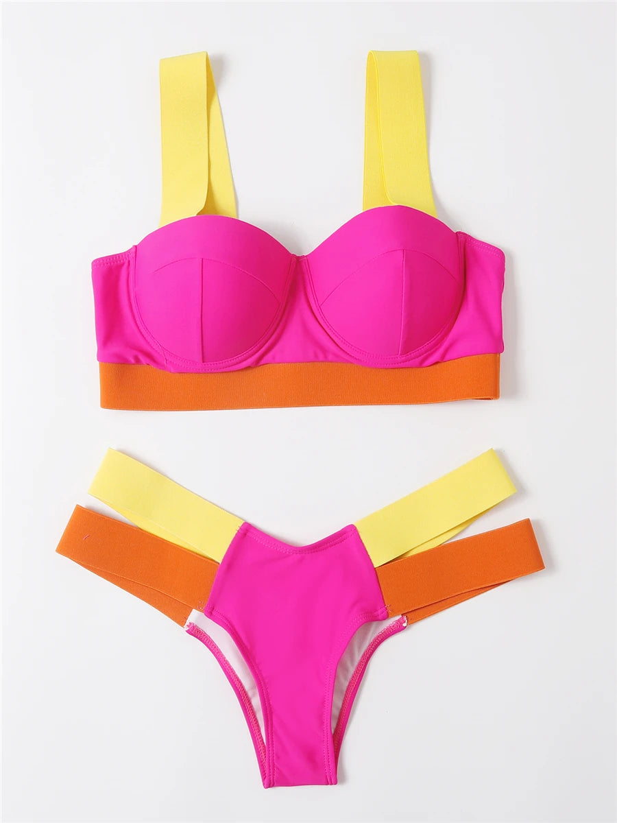 Solid Bandage Bikini Women Push Up Swimsuit Sexy Swimwear Female Brazilian Bathing Swimming Suit Bather Splicing Color Beachwear