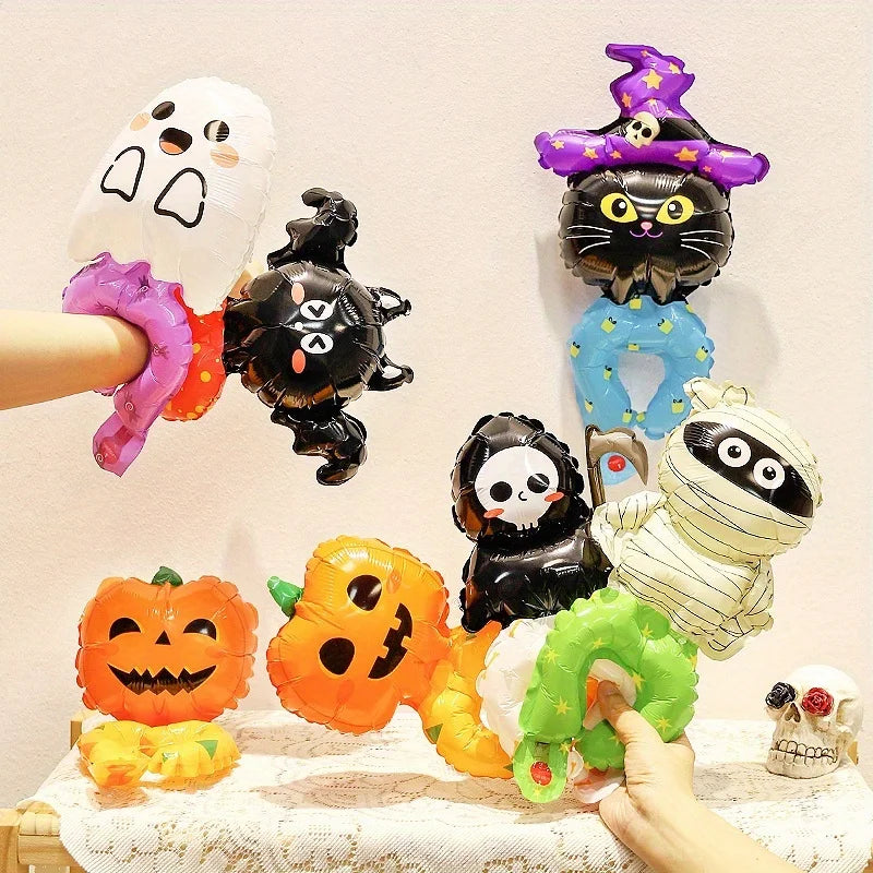 10/30/50pcs Halloween Balloon wrist strap Foil Balloons Stick Aluminum Film Inflatable Balloon Skeleton Pumpkin Hair Hoop Party
