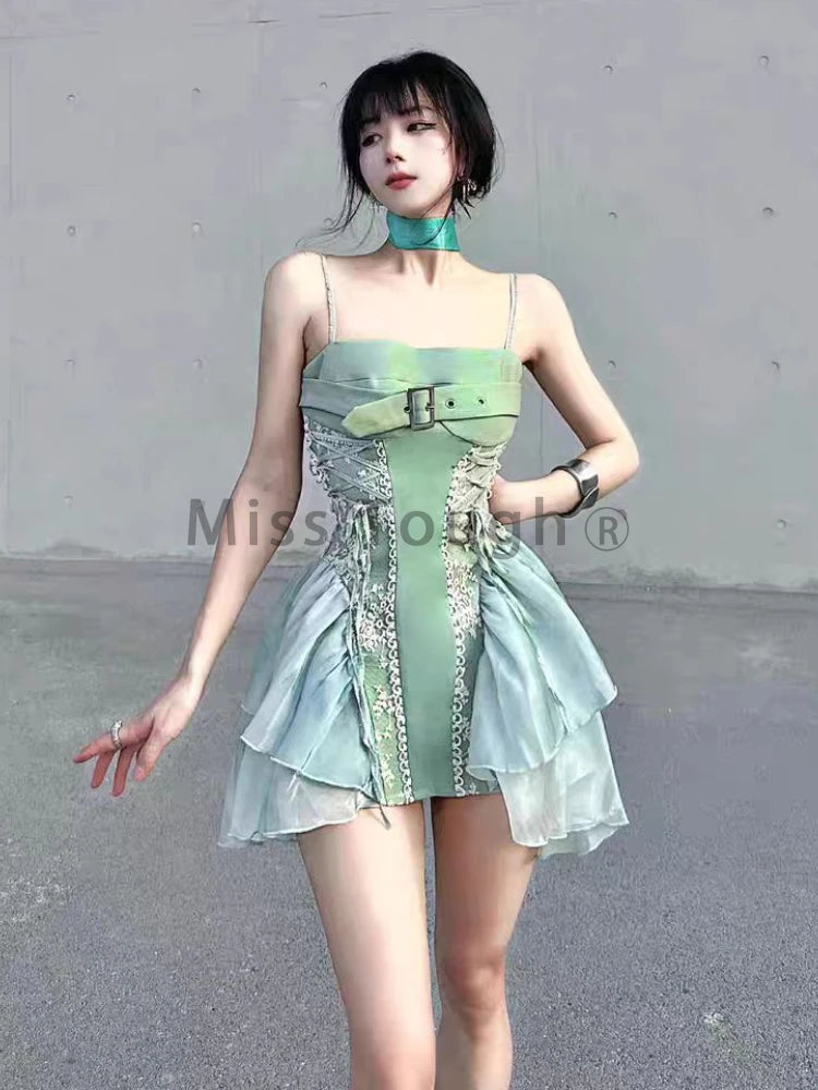 Summer Sweet Lace Sleeveless Dress Women Ruffle Cute Skinny Backless Dresses Female Strappy Kawaii A Line Party Beach Clothing