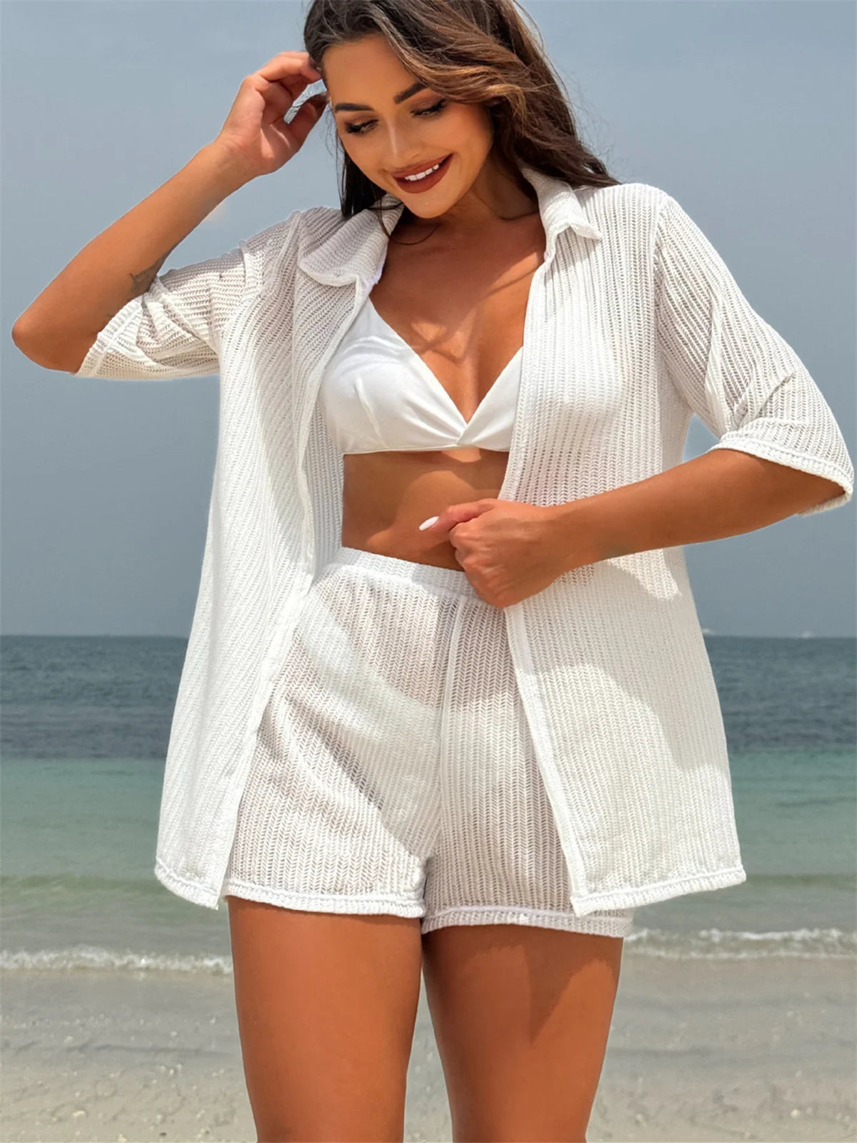 Summer 4 Piece Bikinis Sets Women Black White Mesh Half Sleeve Cover Up with High Waist Panties Swimsuit Bathing Suit Swimwear