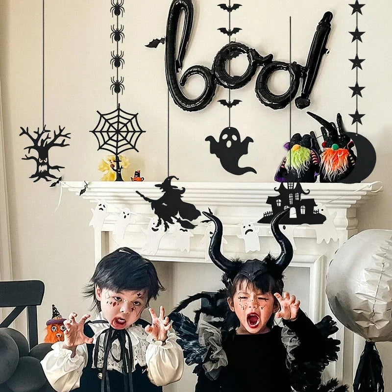 6pcs Halloween Hanging Banner Garland Scary Spider Witch Ghost Bat Pendant Ornament Happy Halloween Party Decorations for Home