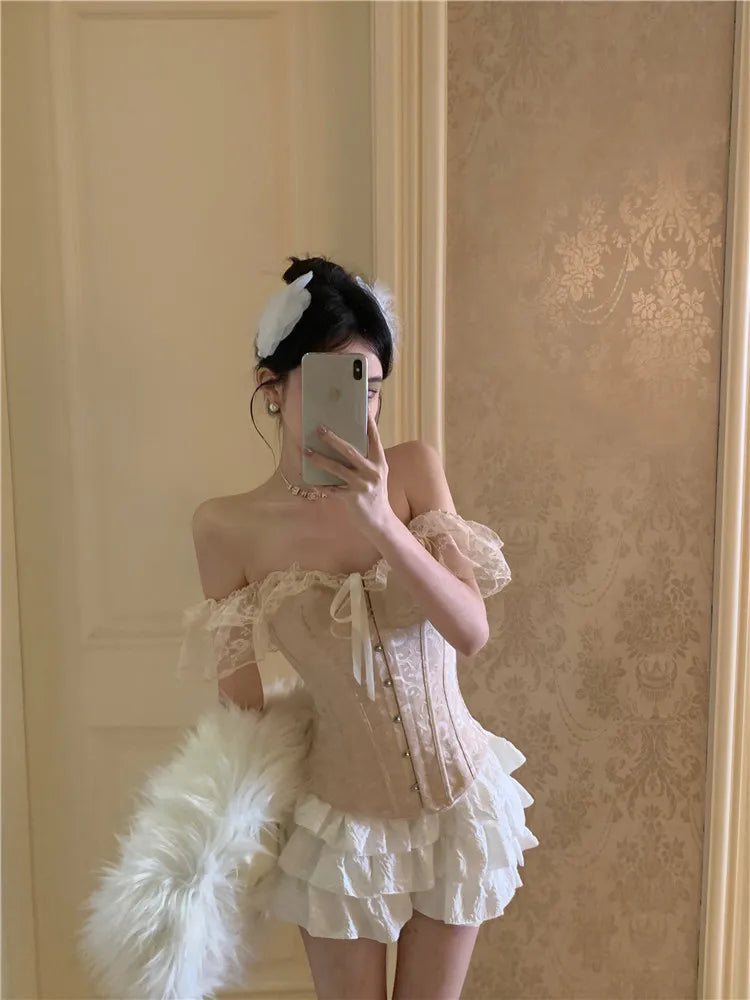 Palace Style Black Fashion Two Piece Sets Women Off Shoulder Lace Up Corset Shirt&Mini Cake Skirt 2025 New Summer 2 Piece Sets