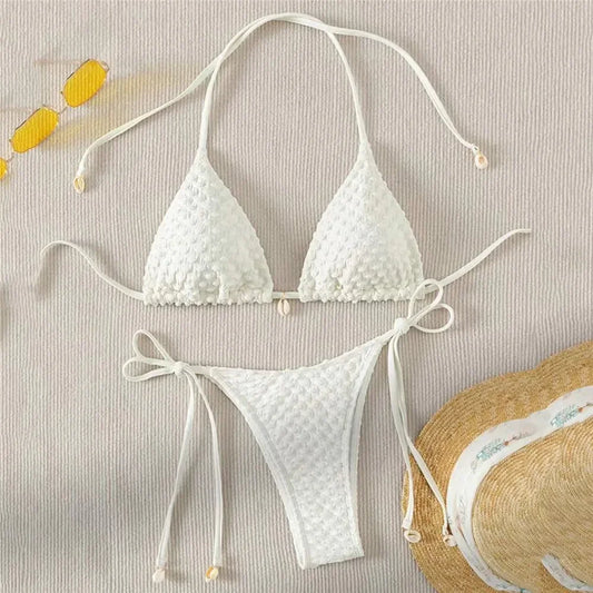 White String Micro Bikini Thong Sexy Swimsuit Women 2025 Shell Decorate Swimwear Bathing Suit Halter Triangle Bikinis Sets Mujer