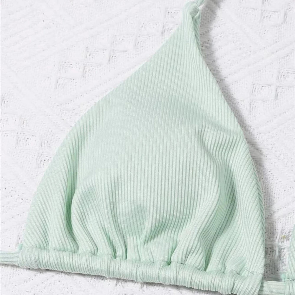 Brown Ribbed Swimwear String Halter Triangle Micro Bikini Thong Sexy Swimsuits Women Lace-up Bathing Suit Biquinis Bikinis Sets