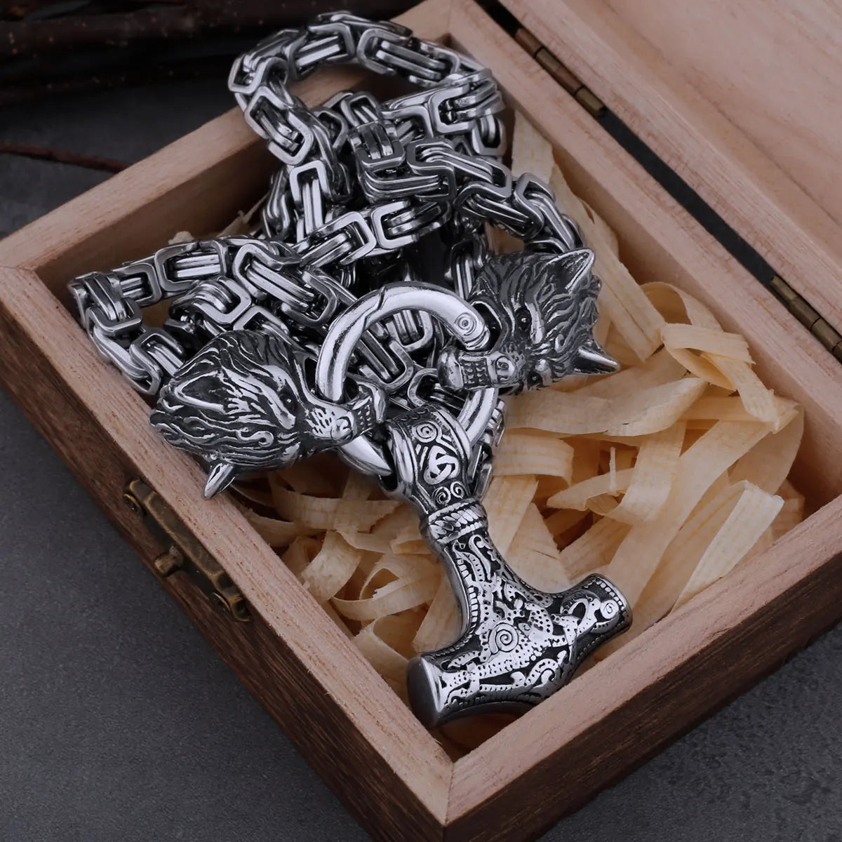 Men's Stainless Steel Viking Celtic Wolf Amulet Thor's Hammer Necklace Set Retro Trend Jewelry Accessories Gift