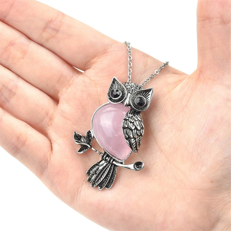 Owl Necklace Healing Crystal Stones Pendant Necklaces for Women Men Natural Amethyst Rose Quartz Gemstone Jewelry