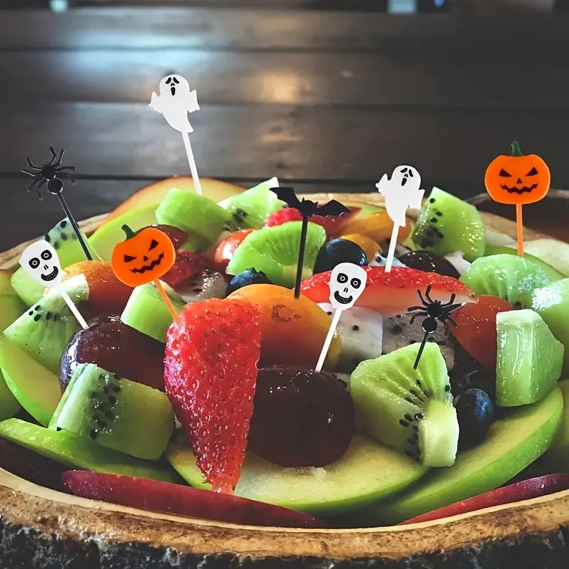 10/30/40PCS Plastic Halloween Toothpicks Halloween Cupcake Topper Ghost Bat Spider Fruit Toothpicks Halloween Party Cake Decorat