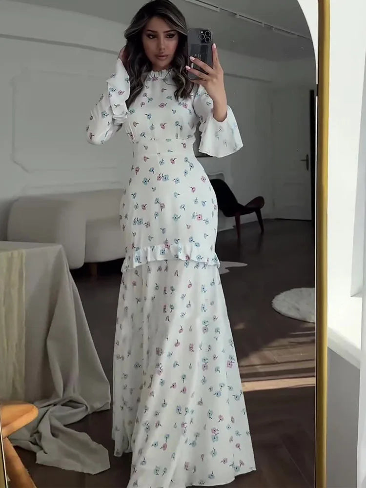 Tossy Ruffle Printed Long Sleeve Long Dress Women's Elegant Contrast Color Slim Fit Lace Waist Casual Summer Fashion Long Dress
