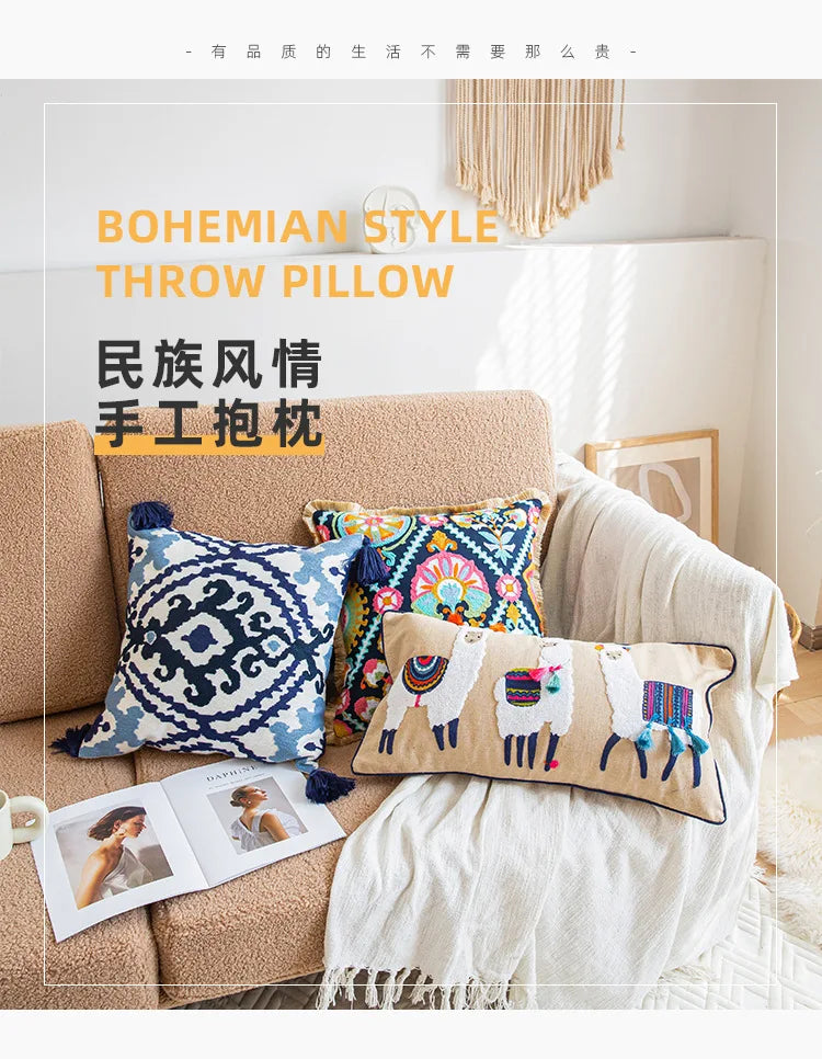 Nordic Ethnic Style Cushion Cover Cotton Moroccan Handmade Embroidery Cotton Tassel Throw Pillow Cover Living Room Home Decor