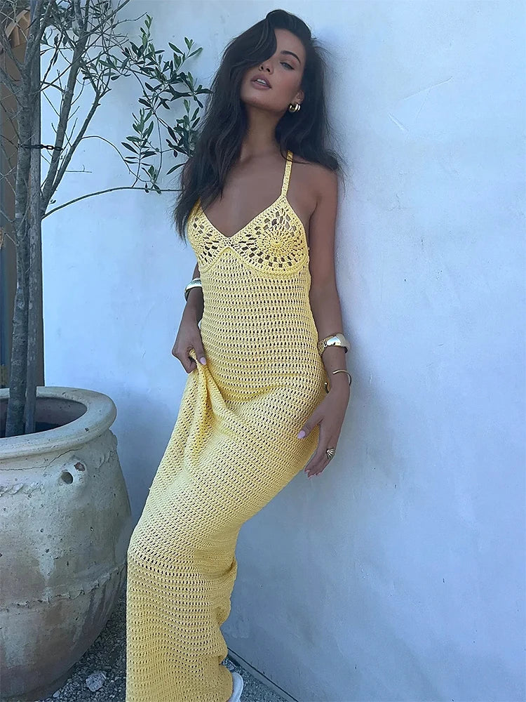 2024 Solid Colour Sexy Knit Cut Out Holiday Swimsuit Cover Up Women's Summer V-Neck Spaghetti Strap Bodycon Beach Maxi Dress K32