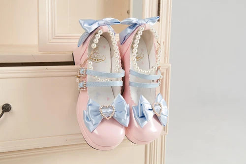 Lolita Shoes New Japanese Cute Round Head Pearl Bow Clips Leather Shoes Pumps Women Mary Jane Shoes High Heels Girls
