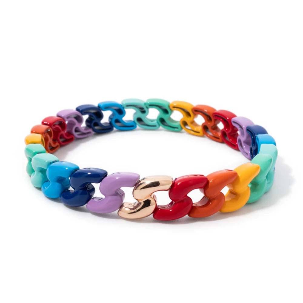 Rainbow Color Link Chain Shape Enamel Bracelets For Women Boho Beaded Bangle Accessory