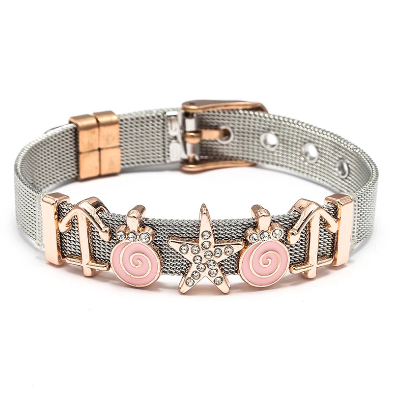 Silver Color Stainless Steel Mesh Bracelets For Women Crystal Santa Claus Beads Charm Watch Belt BraceletsBangles Christmas Gift