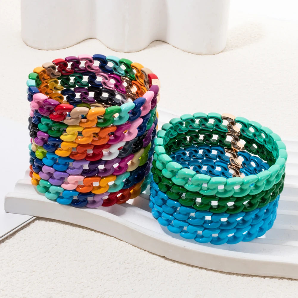 Rainbow Color Link Chain Shape Enamel Bracelets For Women Boho Beaded Bangle Accessory