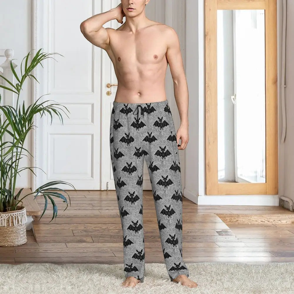 Custom Cute Spooky Halloween Bats Black And Purple Pajama Pants for Men Lounge Sleep Drawstring Sleepwear Bottoms with Pockets