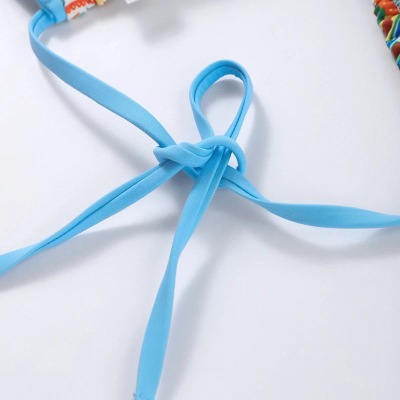 Beach Printed Bikini Skirts Set Women's Sexy Backless Sleeveless Lace-up Swimwear Long Skirt 2025 Summer New Lady Vacation Suit