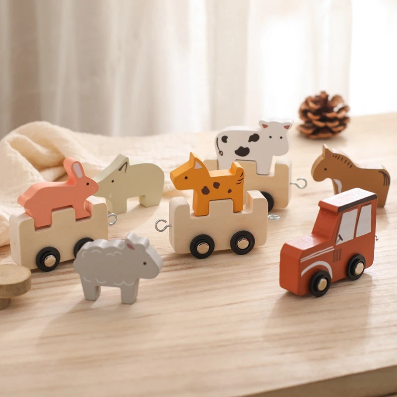 Children Montessori Wooden Toys Dinosaur Car Animal Park Barn Toy Wooden Stacking Game Kid Educational Toy Christmas Gift