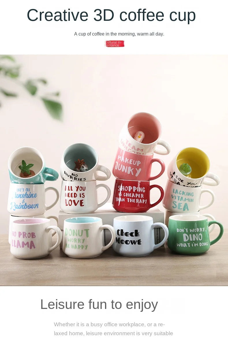 Cute Cartoon Coffee Figurine Mugs with Animal Inside, Ceramic 3D, Uincorn, Love Novelty Cup, Christmas Gift for Friends, Kids
