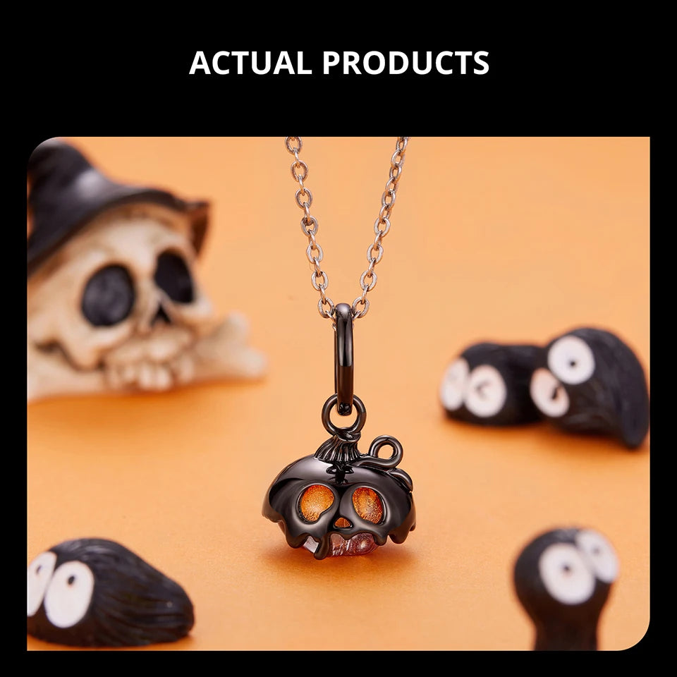 BISAER 925 Sterling Silver Halloween Skull & Pumpkin Charm Bead Pumpkin Cat Magic Crystal Pendant for Women DIY Bracelet Jewelry