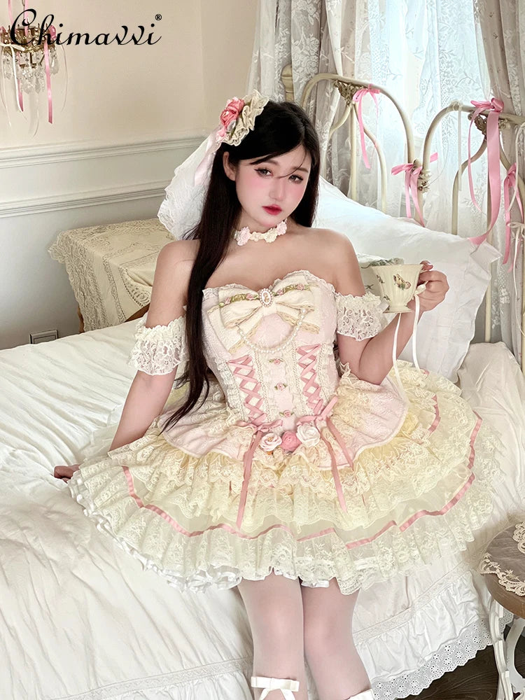 Original Romantic Atmosphere Cute Girls Skirt Sets 2025 Spring and Summer Sweet Lolita Tube Top Slim Top and Skirt 2-piece Set