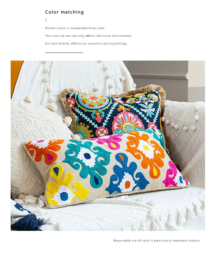 Nordic Ethnic Style Cushion Cover Cotton Moroccan Handmade Embroidery Cotton Tassel Throw Pillow Cover Living Room Home Decor