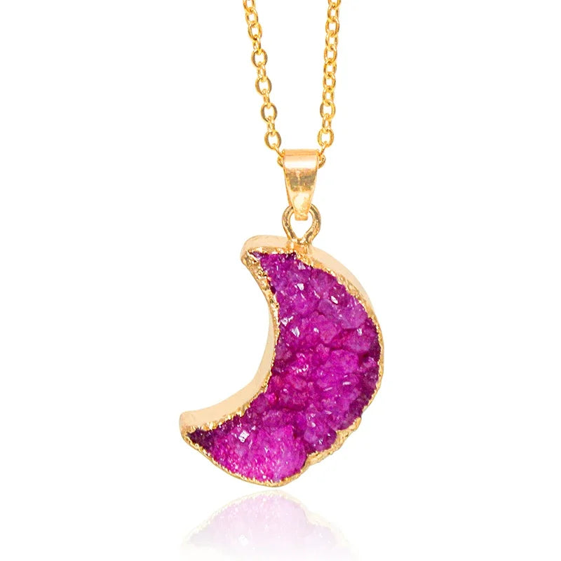 Natural Druzy Quartz Stone Moon Shape Pendant Jewelry Raw Crystal Cluster Jewelry For Women Girls Necklace Making