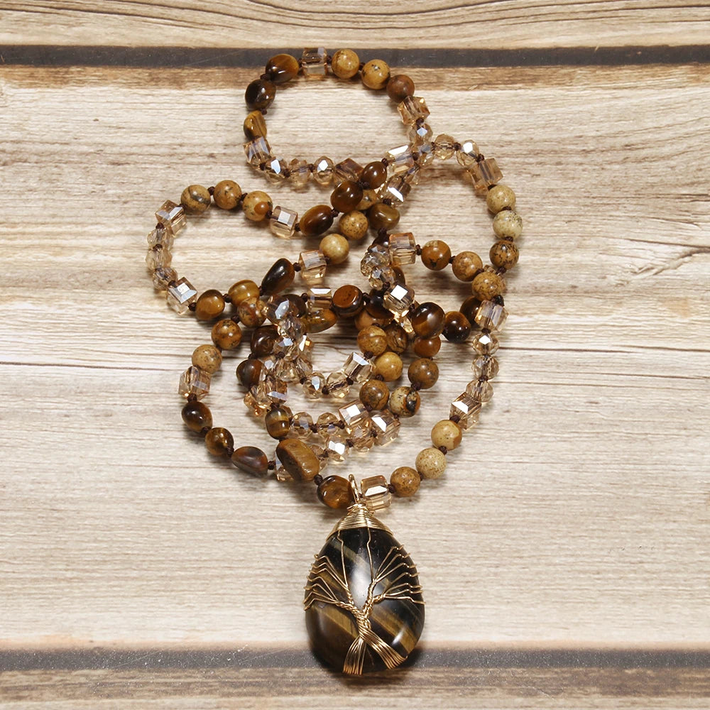 New Fashion Bohemian Spring Women Jewelry 6mm Natural Stone Knot Necklace Hand Wrapped Life Tree Stone Drop Pendant Necklace