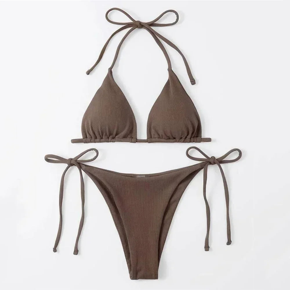 Brown Ribbed Swimwear String Halter Triangle Micro Bikini Thong Sexy Swimsuits Women Lace-up Bathing Suit Biquinis Bikinis Sets