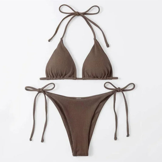 Brown Ribbed Swimwear String Halter Triangle Micro Bikini Thong Sexy Swimsuits Women Lace-up Bathing Suit Biquinis Bikinis Sets