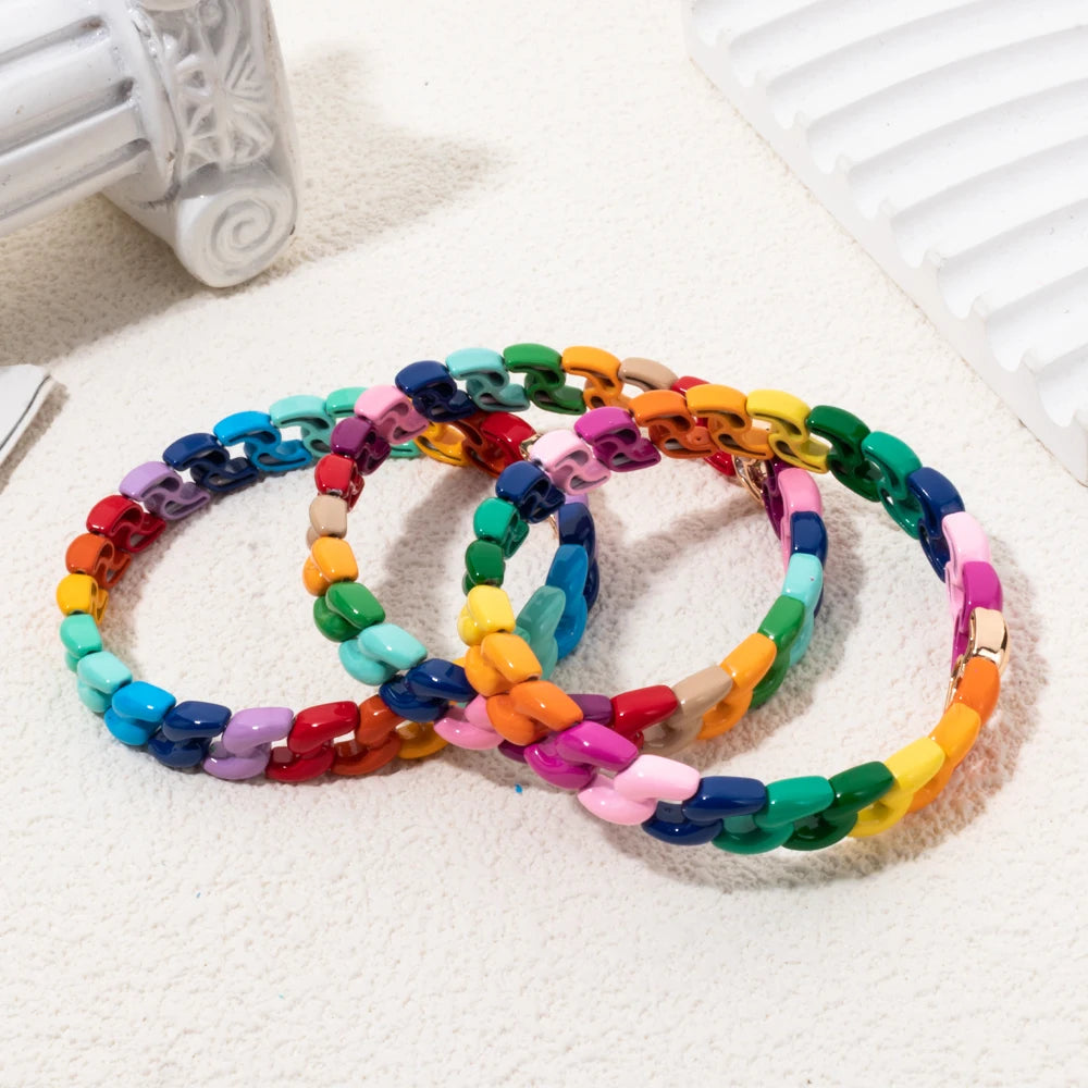 Rainbow Color Link Chain Shape Enamel Bracelets For Women Boho Beaded Bangle Accessory