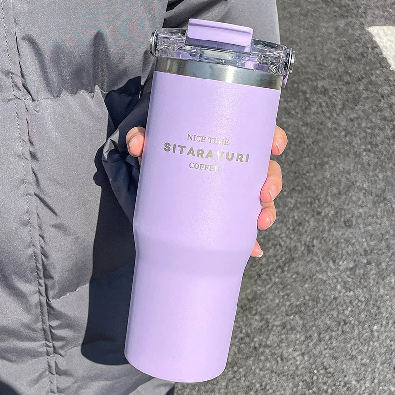 Large Capacity Insulation Cup, 30.43oz Drinking Coffee Water Cup With Straw, Simple Water Bottle