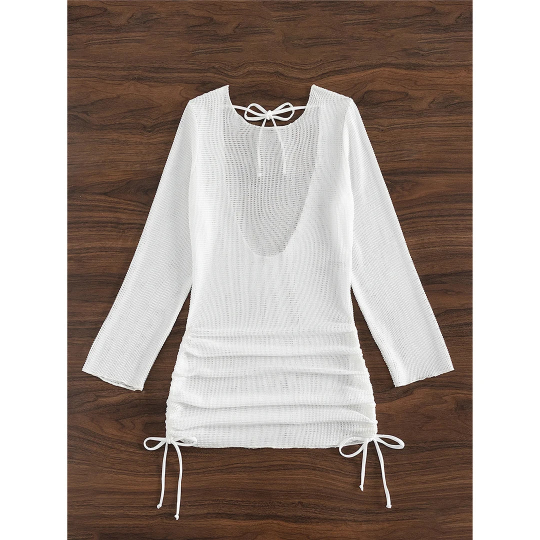 S - XL Long Sleeve Backless Crochet Knitted Tunic Beach Cover Up Cover-ups Beach Dress Beach Wear Beachwear Female Women V5038