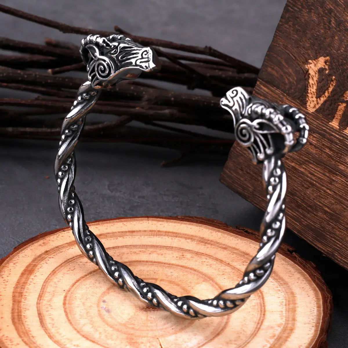 Viking Nordic Goat Head Animal Men Cuff Bracelet High Quality Fashion Stainless Steel Jewelry With Wooden Box