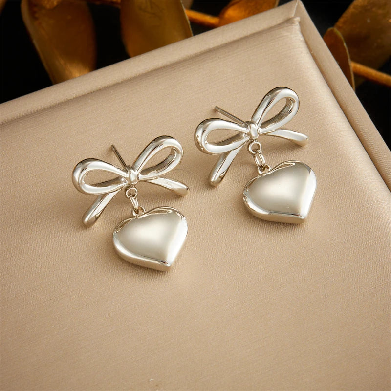 DIEYURO 316L Stainless Steel Gold Color Bow Heart Earrings For Womans New Fashion Exquisite Ear Accessories Jewelry Party Gifts