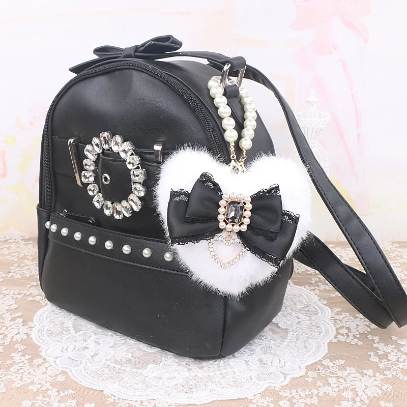 Romantic Bag Ornament Plush Heart Pearls  Keychain Bag Decor Keyring Sweet Ita Bag Pendant Handmade Bow Accessories Keychain